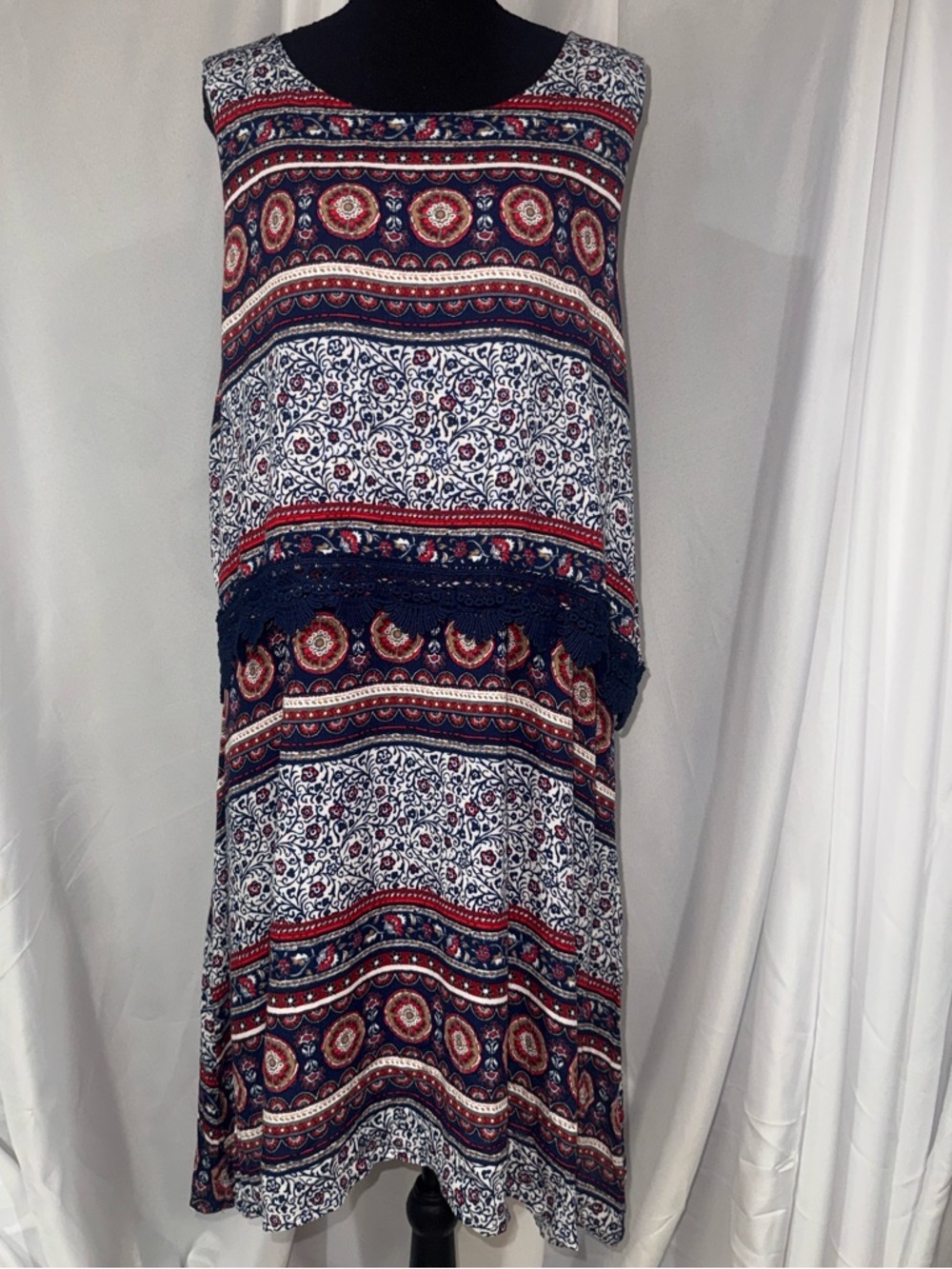 Alya Navy, White & Red Boho Midi Dress